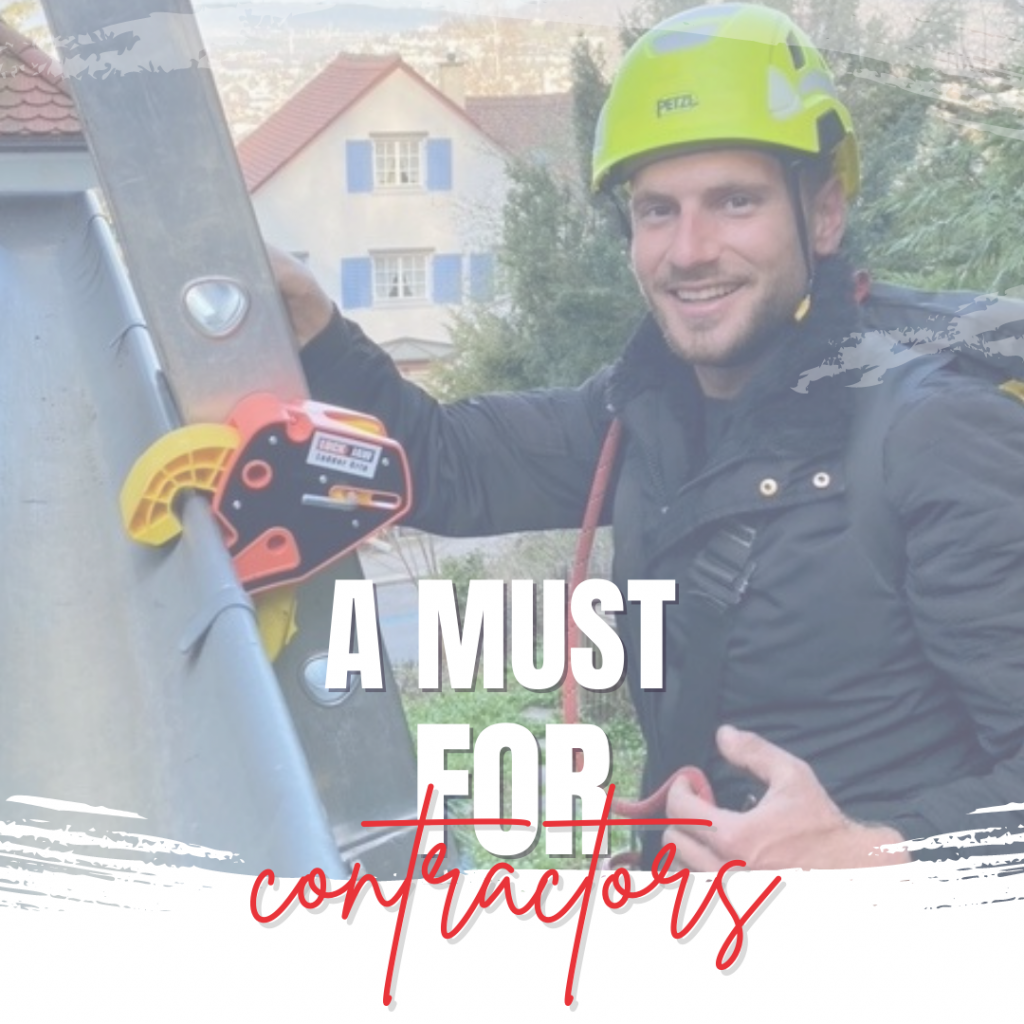 A smiling person wearing a yellow Petzl helmet and safety harness holds a Lock Jaw Ladder Grip. The text "A MUST FOR contractors" is visible.