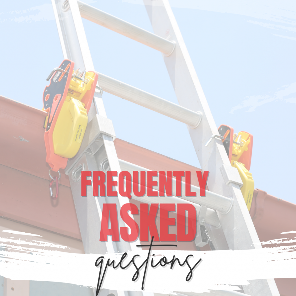 A ladder secured to a roof with two Lock Jaw Ladder Grips against a blue sky. The text "FREQUENTLY ASKED questions" is overlaid.