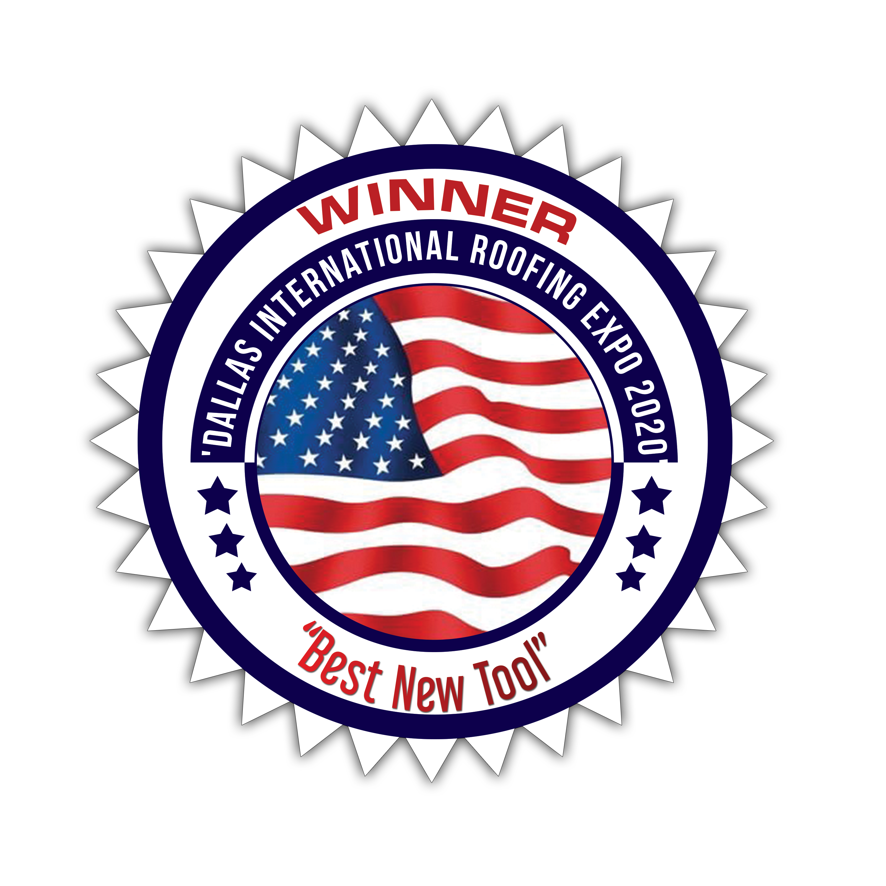 A graphic displaying 'WINNER' at the Dallas International Roofing Expo 2020 for 'Best New Tool'.