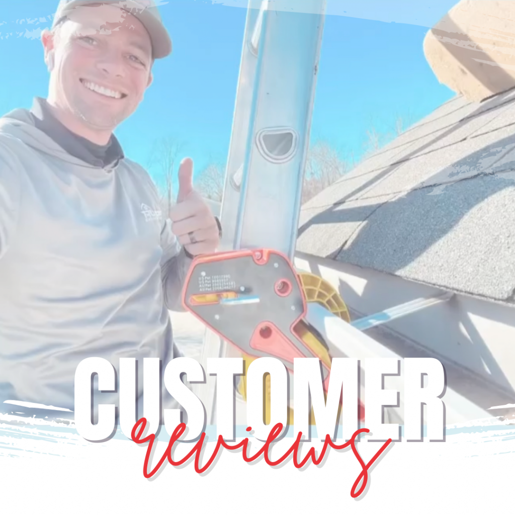 A smiling man, likely Caucasian, gives a thumbs up next to a ladder with a Lock Jaw Ladder Grip. The text "CUSTOMER reviews" is overlaid.