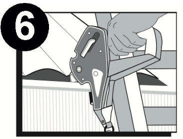 black and white graphic of person using a lock jaw ladder grip clung to gutter and ladder
