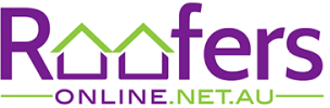 "Roofers" logo with purple text and green house icons for "oo," and "ONLINE.NET.AU" below.